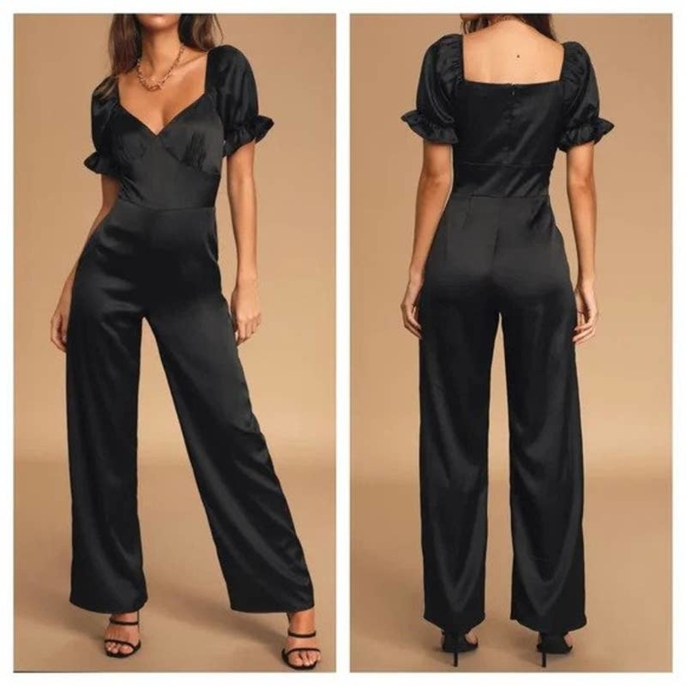 Lulus Lustrous Looks Black Satin Puff Sleeve Jumpsuit sz L NWT